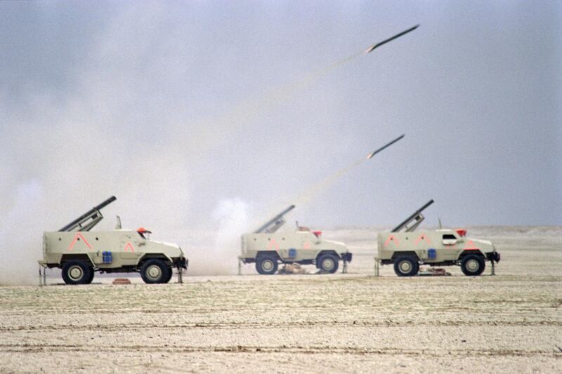 Egyptian army fire missiles on February 25, 1991 on the second day of the massive ground assault of the Allied Forces into Kuwait and Iraq. (Photo by Pascal GUYOT / AFP)