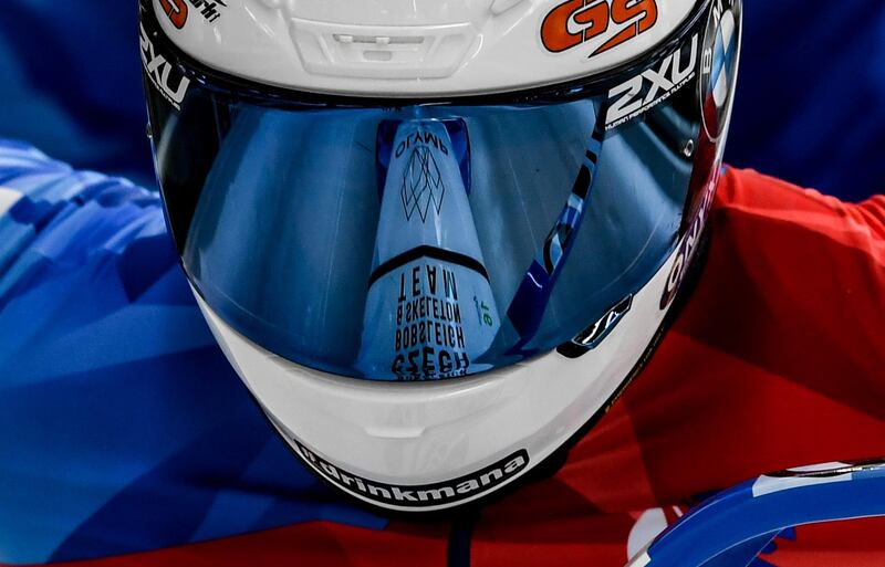 Reflection of the track in helmet of Czech Bob Pilot Dominik Dvorak during first round of two-men bob competition during the Bobsleigh & Skeleton World Championship in Altenberg, Germany, on Saturday, February 22. EPA