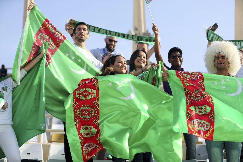 Abu Dhabi, United Arab Emirates - January 09, 2019: Turkmenistan fans during the game between Japan and Turkmenistan in the Asian Cup 2019. Wednesday, January 9th, 2019 at Al Nahyan Stadium, Abu Dhabi. Chris Whiteoak/The National
