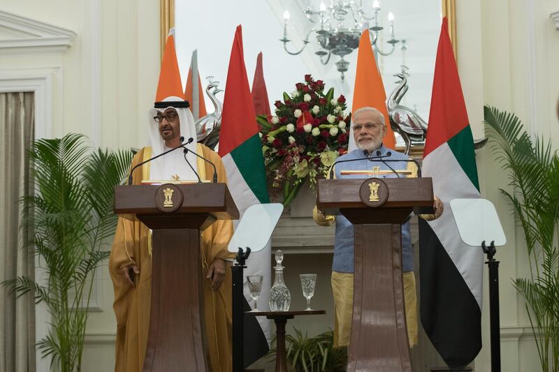 NEW DELHI, INDIA - January 25, 2017: HH Sheikh Mohamed bin Zayed Al Nahyan, Crown Prince of Abu Dhabi Deputy Supreme Commander of the UAE Armed Forces (L) and HE Narendra Modi Prime Minister of India (R) attend an MOU signing ceremony, at Hyderabad House.

( Mohamed Al Hammadi / Crown Prince Court - Abu Dhabi )
--- *** Local Caption ***  20170125MH_C189221.jpg