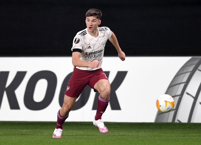 MOLDE, NORWAY - NOVEMBER 26: Kieran Tierney of Arsenal during the UEFA Europa League Group B stage match between Molde FK and Arsenal FC at Molde Stadion on November 26, 2020 in Molde, Norway. (Photo by David Price/Arsenal FC via Getty Images)