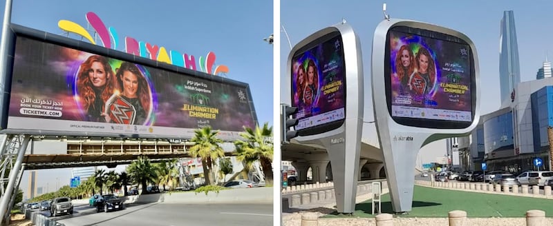 Billboards around Saudi Arabia show WWE Superstars Becky Lynch and Lita ahead of Jeddah's Elimination Chamber on February 19. Photo: WWE