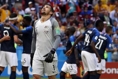 =Australia goalkeeper Mathew Ryan reacts after France scored their second goal during the group C match between France and Australia at the 2018 soccer World Cup in the Kazan Arena in Kazan, Russia, Saturday, June 16, 2018. (AP Photo/Darko Bandic)