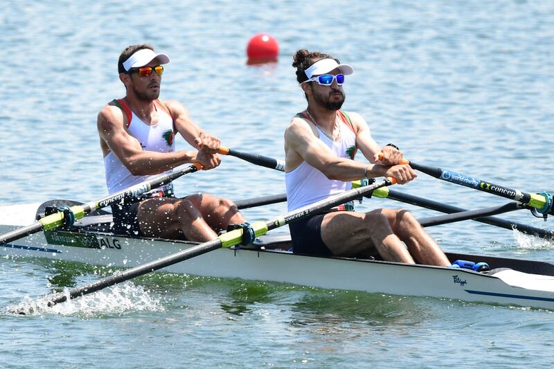 Algeria's Kamel Ait Daoud, left, and Sid Ali Boudina compete in the lightweight men's double sculls heats.