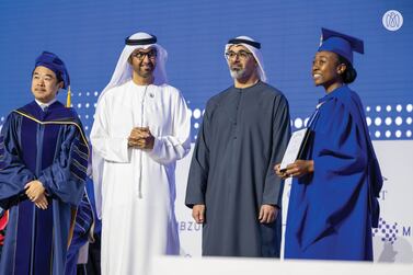 Sheikh Khaled bin Mohamed, Crown Prince of Abu Dhabi and the Chairman of the Abu Dhabi Executive Council, attended the Mohamed bin Zayed University of Artificial Intelligence’s 2024 commencement ceremony, celebrating 101 graduates. Photo: Abu Dhabi Media Office