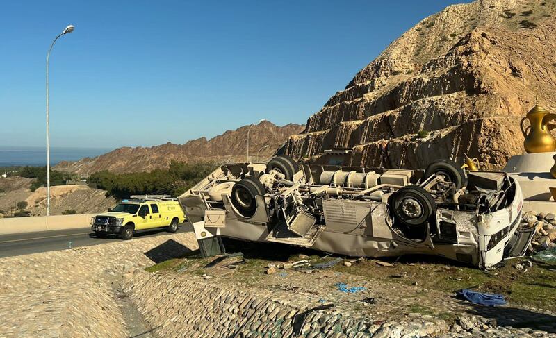 A bus carrying 53 passengers veered into the side of a mountain on Friday in Oman, killing four people. All photos: Oman Police