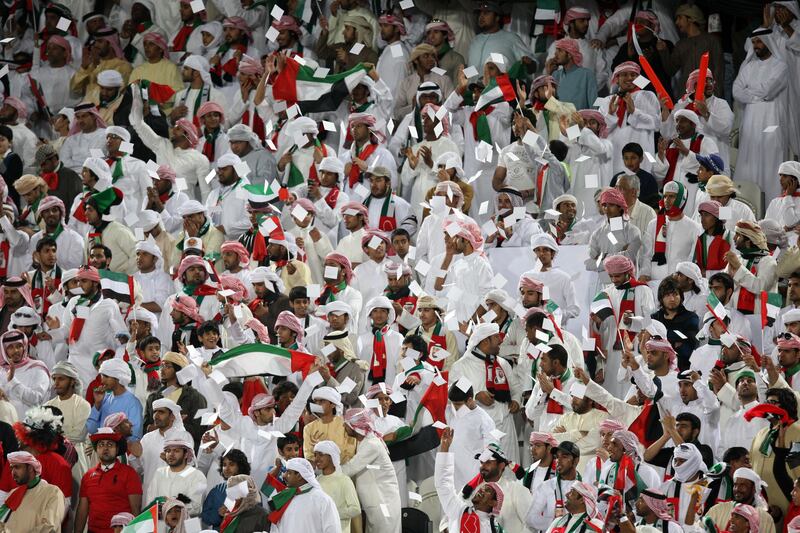February 22, 2012 (Abu Dhabi)UAE fans celebrate has the UAE Olympic team plays Australia for a Olympic qulifier game play in Abu Dhabi February 22, 2012.  (Sammy Dallal / The National)