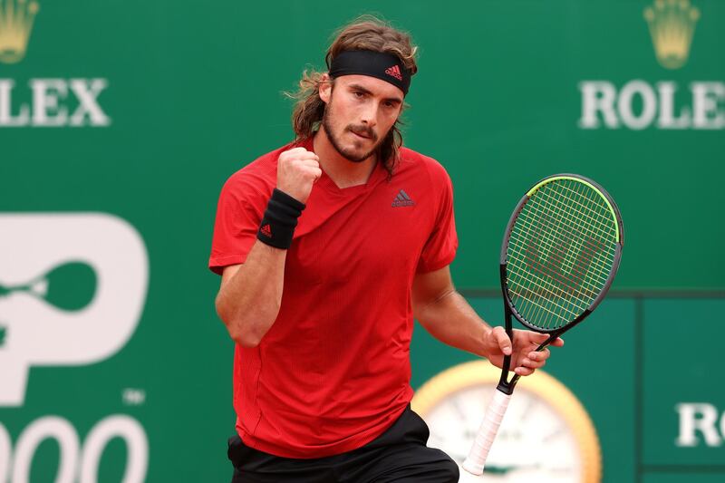 MONTE-CARLO, MONACO - APRIL 17: Stefanos Tsitsipas of Greece celebrates victory in the semi-final match against Dan Evans of Great Britain on day seven of the Rolex Monte-Carlo Masters at Monte-Carlo Country Club on April 17, 2021 in Monte-Carlo, Monaco. Sporting stadiums around Monaco remain under strict restrictions due to the Coronavirus Pandemic as Government social distancing laws prohibit fans inside venues resulting in games being played behind closed doors. (Photo by Alexander Hassenstein/Getty Images)