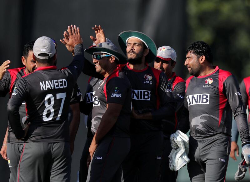 Dubai, United Arab Emirates - January 31, 2019: UAE celebrate the win after the the match between the UAE and Nepal in an international T20 series. Thursday, January 31st, 2019 at ICC, Dubai. Chris Whiteoak/The National
