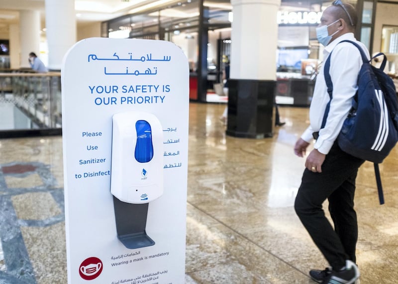 DUBAI, UNITED ARAB EMIRATES. 13 SEPTEMBER 2020. 
Sanitizing station at Mall of the Emirates.
(Photo: Reem Mohammed/The National)

Reporter:
Section: