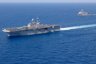 The USS Bataan, left, and the USS Carter Hall in the Mediterranean. Both ships are now deployed in the Red Sea. Photo: US Navy 