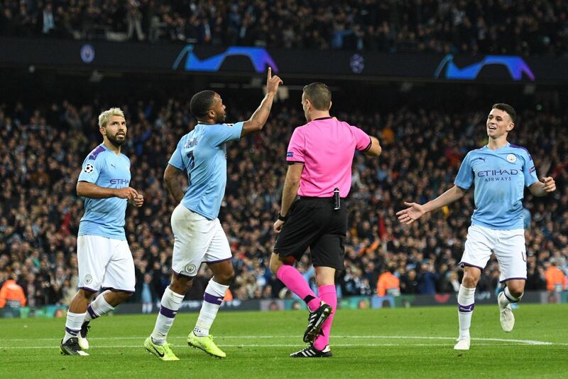 Raheem Sterling celebrates scoring Manchester City's fourth goal against Atalanta. AFP