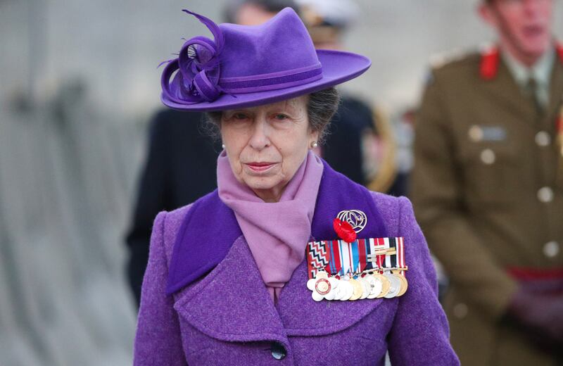 Princess Anne walks past the Australian War Memorial during a dawn service to commemorate Anzac Day at Wellington Arch, in 2021. 