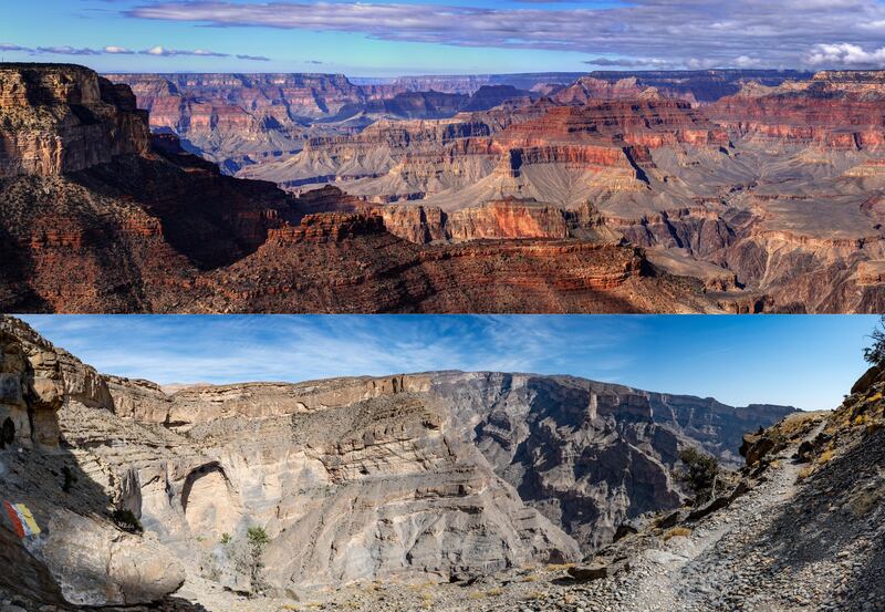 TOP: Panoramic View Of Grand Canyon Against Sky

BELOW: View down into gorge at Jebel Shams, the Grand Canyon on Oman.

Getty Images