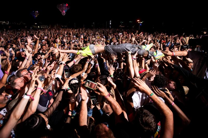 Sofi of US duo Sofi Tukker jumps into the crowd while performing during the Coachella Valley Music and Arts Festival in Indio, near Palm Springs, California, USA, 21 April 2019. The two festivals had already been postponed in April 2020 during the early stages of the Covid-19 pandemic.  EPA