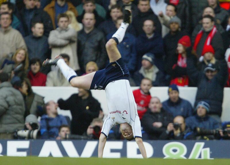 LONDON - JANUARY 17:  Robbie Keane of Tottenham Hotspur celebrates after scoring the first goal during the FA Barclaycard Premiership match between Tottenham Hotspur and Liverpool at White Hart Lane on January 17, 2004 in London.  (Photo by Clive Rose/Getty Images)