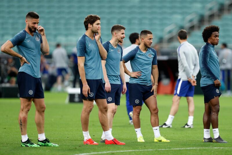 Olivier Giroud, Marcos Alonso, Jorginho, Eden Hazard and Willian  take part in a training session ahead of the Europa League final. AP Photo