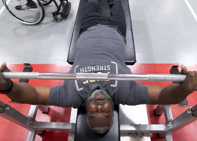 DUBAI, UNITED ARAB EMIRATES. 17 DECEMBER 2020. 
Emirati Paralympian powerlifter Mohammed Khamis Khalaf training at Dubai Club for People of Determination.
(Photo: Reem Mohammed/The National)

Reporter:
Section: