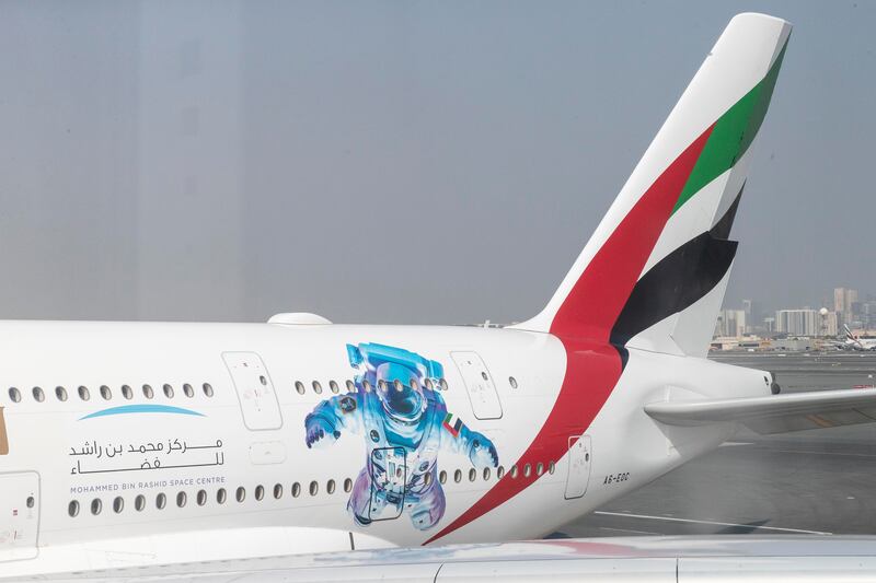 The A380 aircraft was decorated with an astronaut graphic and the MBRSC logo