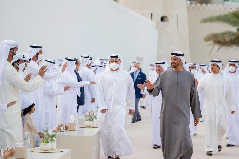 Sheikh Mohamed bin Zayed, Crown Prince of Abu Dhabi and Deputy Supreme Commander of the Armed Forces, and Sheikh Mansour bin Zayed, Deputy Prime Minister and Minister of Presidential Affairs attend the group wedding reception at Qasr Al Hosn. 