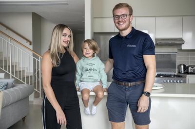 DUBAI, UNITED ARAB EMIRATES. 21 JULY 2020. Profile of a tenant who has upsized from an apartment to a villa during Covid-19. Gary Allen along with Holly and their son Nova (3). (Photo: Antonie Robertson/The National) Journalist: Deepthi Nair Section: National.