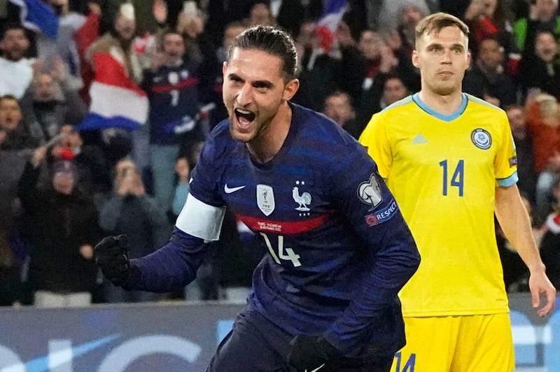 France's Adrien Rabiot celebrates after scoring his side's sixth goal. AP