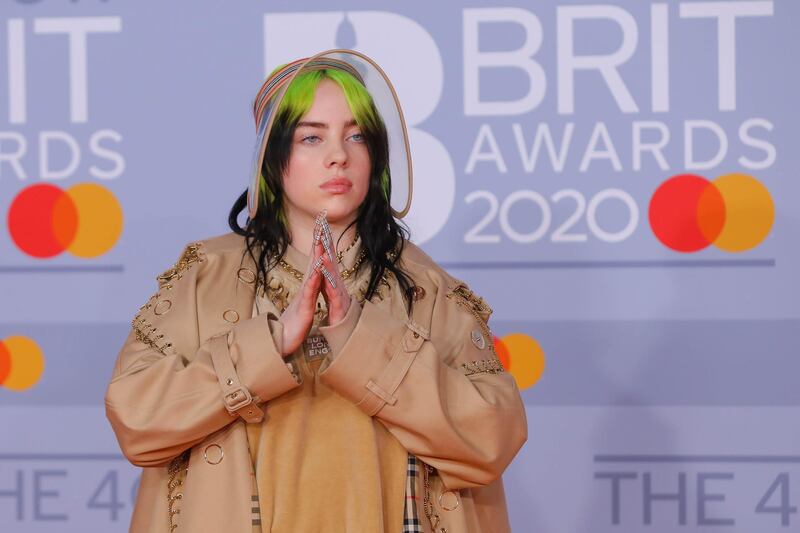 epa08226921 US singer Billie Eilish arrives for the Brit Awards 2020 at the O2 Arena in London, Britain 18 February 2020.  EPA-EFE/VICKIE FLORES