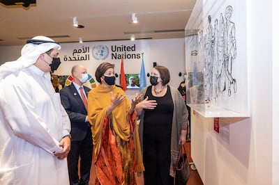 Amina Mohammed, centre, and Najeeb Al Ali, left, executive director of Expo 2020 Bureau and Dr Dena Assaf, right, resident co-ordinator for the UN in the UAE and Deputy Commissioner General for the UN at Expo.