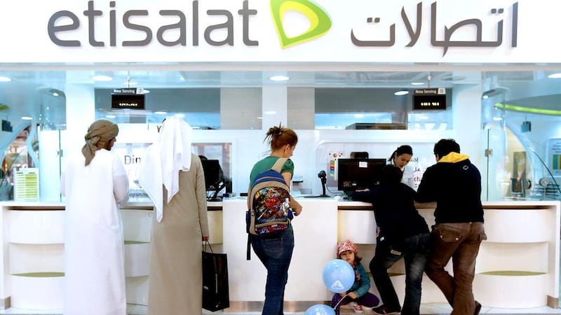 Etisalat, the UAE’s biggest telecoms operator saw its shares gain 7.4 per cent in July. Satish Kumar / The National