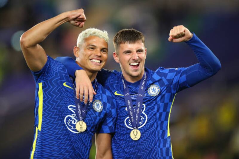 Thiago Silva and Mason Mount of Chelsea celebrate.