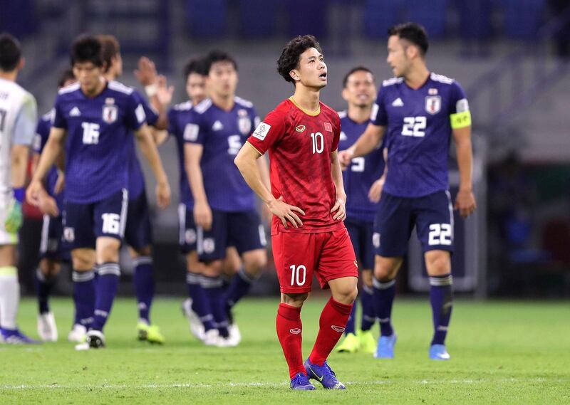 Dubai, United Arab Emirates - January 24, 2019: Nguyen C™ng Phuong of Vietnam looks disappointed after loosing the quarterfinal game between Japan and Vietnam in the Asian Cup 2019. Thursday, January 24th, 2019 at Al Maktoum Stadium, Dubai. Chris Whiteoak/The National