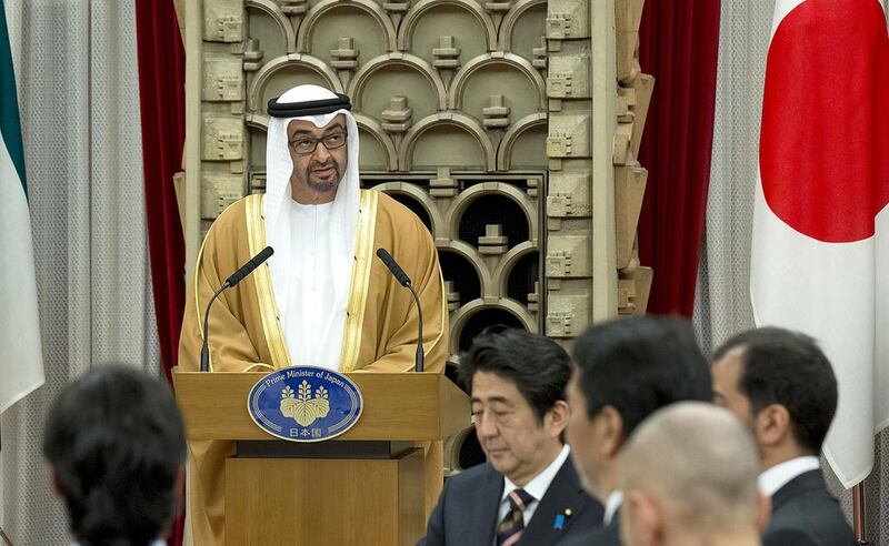 Sheikh Mohammed Bin Zayed addresses a dinner reception hosted by Japanese prime minister Shinzo Abe. A reader says the UAE's foreign policy focus should be the model for others to emulate. Ryan Carter / Crown Prince Court