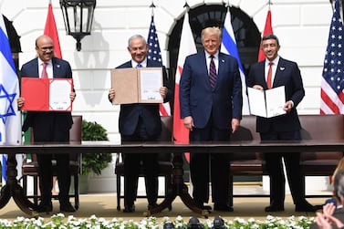 Bahrain Foreign Minister Abdullatif al-Zayani, Israeli Prime Minister Benjamin Netanyahu, US President Donald Trump, and UAE Foreign Minister Abdullah bin Zayed Al-Nahyan participate in the signing of the Abraham Accords. AFP 