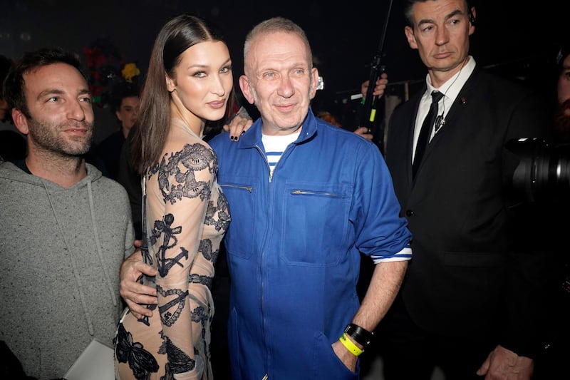 Bella Hadid and Jean Paul Gaultier are seen backstage after the Jean Paul Gaultier 50th Birthday show at Theatre du Chatelet on January 22, 2020 in Paris. Getty