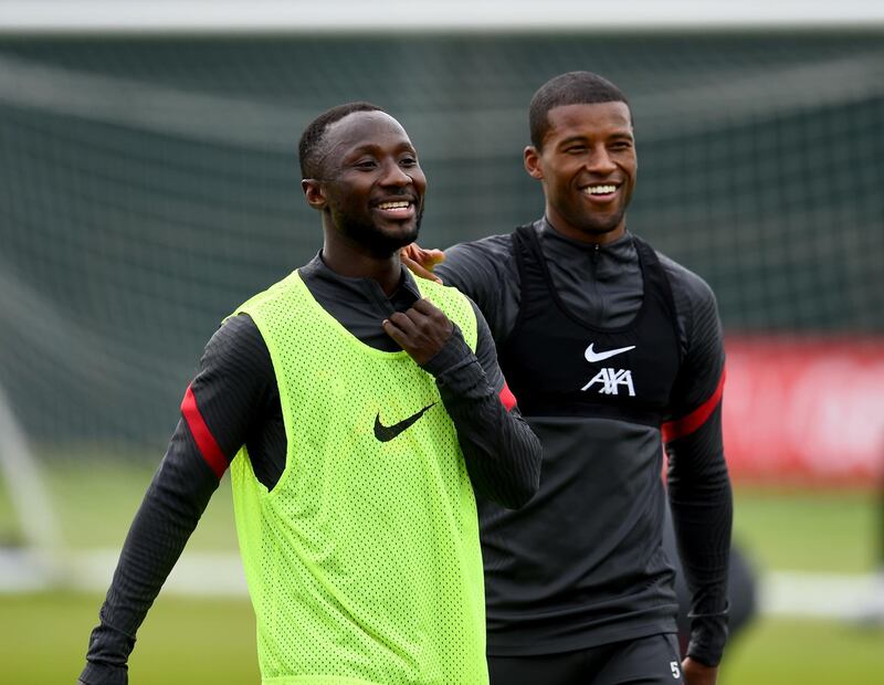 LIVERPOOL, ENGLAND - OCTOBER 02: (THE SUN OUT, THE SUN ON SUNDAY OUT) Naby Keita and Georginio Wijnaldum of Liverpool during a training session at Melwood Training Ground on October 02, 2020 in Liverpool, England. (Photo by Andrew Powell/Liverpool FC via Getty Images)