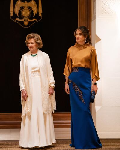  Queen Rania, right, wears Lebanese brand Azzi & Osta while meeting Queen Sonja of Norway