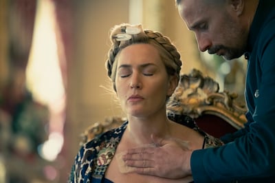 Kate Winslet and Matthias Schoenaerts in a scene from The Regime. HBO via AP