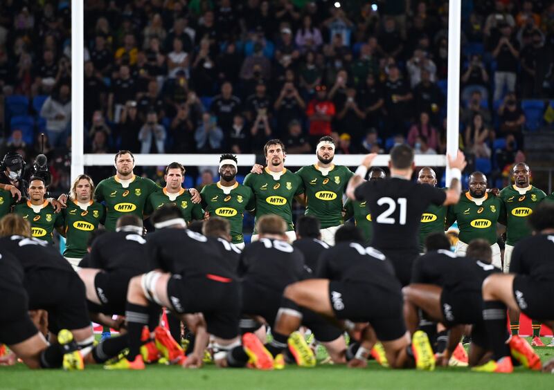 South African players look on as T J Perenara leads the All Black Haka ahead of the Rugby Championship match at CBus Stadium on on the Gold Coast, Australia, on Saturday, October 2. EPA