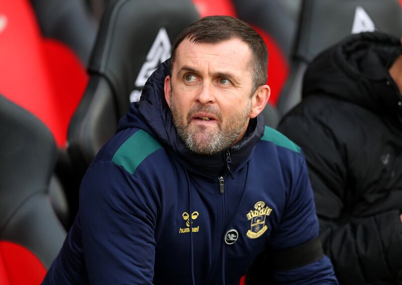 Nathan Jones on the Southampton bench during the defeat against Wolves on February 11, 2023. PA