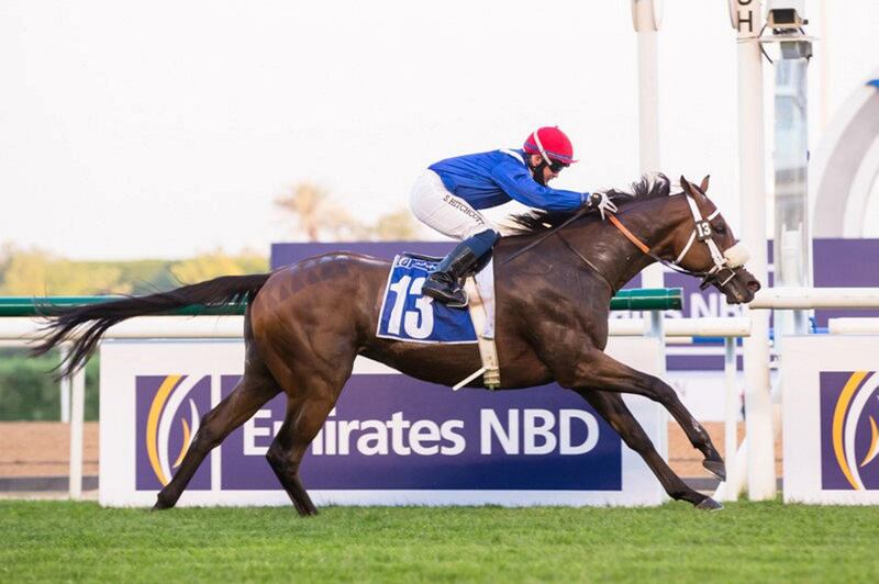 Sam Hitchcott rides Bawaasil to victory to complete a double trainer Doug Watson at Meydan’s final meeting of the season on Thursday, April 8, 2021. Courtesy DRC