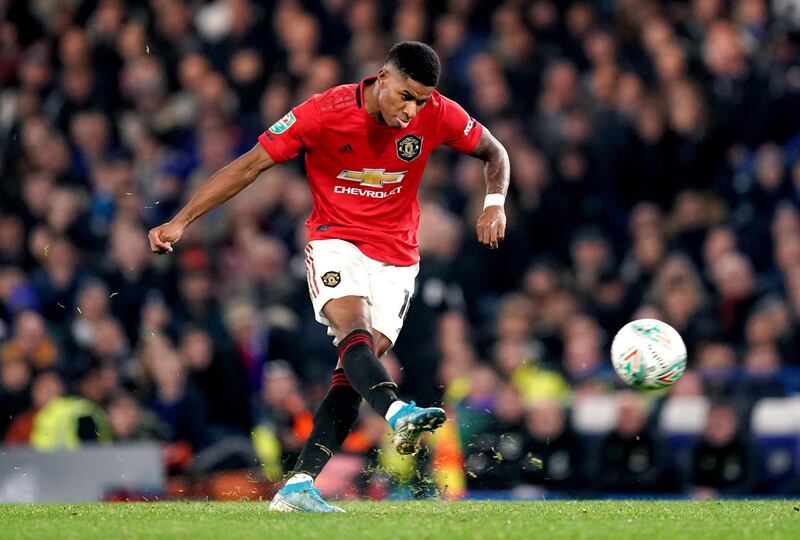 Manchester United's Marcus Rashford scores his side's second goal of the game with a free kick during the Carabao Cup, Fourth Round match at Stamford Bridge, London. PA Photo. Picture date: Wednesday October 30, 2019. See PA story SOCCER Chelsea. Photo credit should read: John Walton/PA Wire. RESTRICTIONS: EDITORIAL USE ONLY No use with unauthorised audio, video, data, fixture lists, club/league logos or "live" services. Online in-match use limited to 120 images, no video emulation. No use in betting, games or single club/league/player publications.