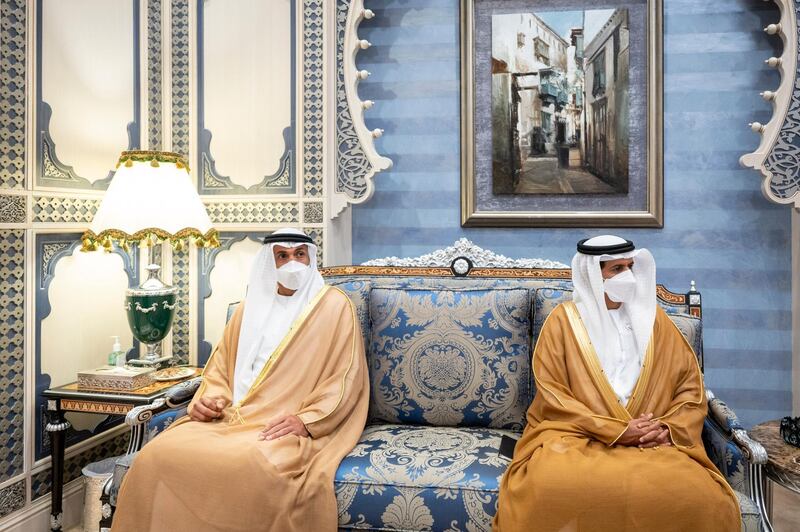 JEDDAH, SAUDI ARABIA - May 05, 2021: HE Mohamed Mubarak Al Mazrouei, Undersecretary of the Crown Prince Court of Abu Dhabi (L) and HE Ali Mohamed Hammad Al Shamsi, Deputy Secretary-General of the UAE Supreme National Security Council (R), attend a meeting with HRH Prince Mohamed bin Salman bin Abdulaziz, Crown Prince, Deputy Prime Minister and Minister of Defence of Saudi Arabia (not shown), in Jeddah.

( Mohamed Al Hammadi / Ministry of Presidential Affairs )
---