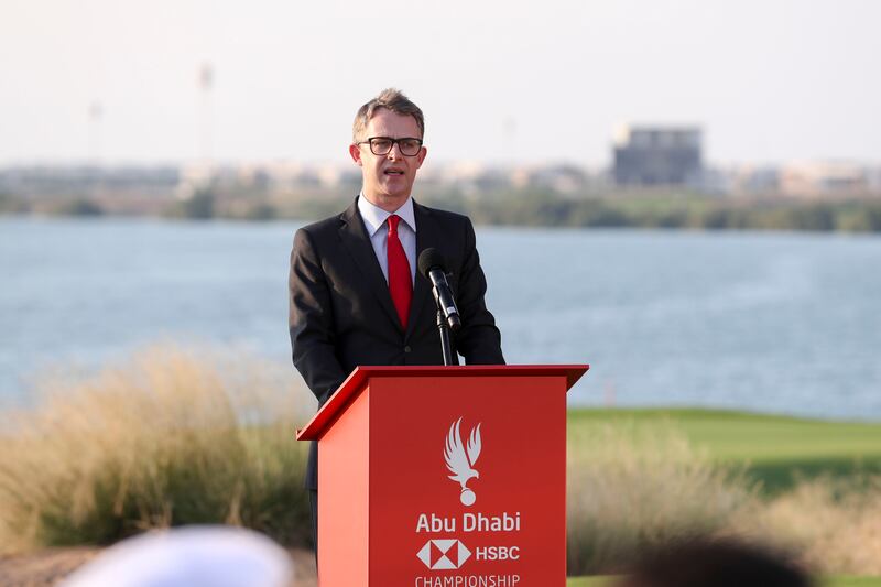 Tom Phillips, head of Middle East for the DP World Tour, speaks at the Abu Dhabi HSBC Championship 2022 press conference at Yas Links. Khushnum Bhandari/ The National