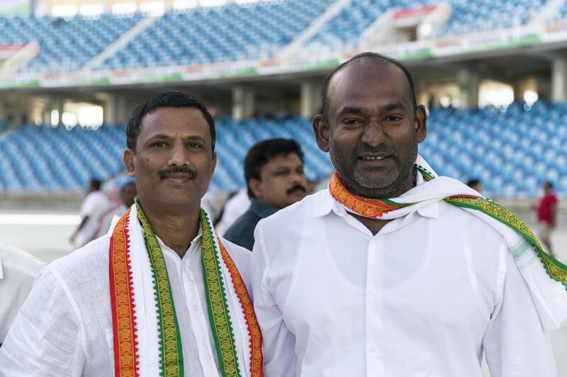 DUBAI, UNITED ARAB EMIRATES - JANUARY 11, 2019.
 
Syed Ibrahim, left, and his friend, Mohammed Nausad, have come from Ajman to attend Rahul Gandhi's speech today at Dubai International Cricket Stadium.

(Photo by Reem Mohammed/The National)

Reporter: Ramola Talwar.
Section:  NA