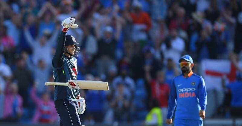 LEEDS, ENGLAND - JULY 17:  England batsman Joe Root celebrates his century off the last ball of the match as Virat Kohli looks on during 3rd ODI Royal London One Day match between England and India at Headingley on July 17, 2018 in Leeds, England.  (Photo by Stu Forster/Getty Images)