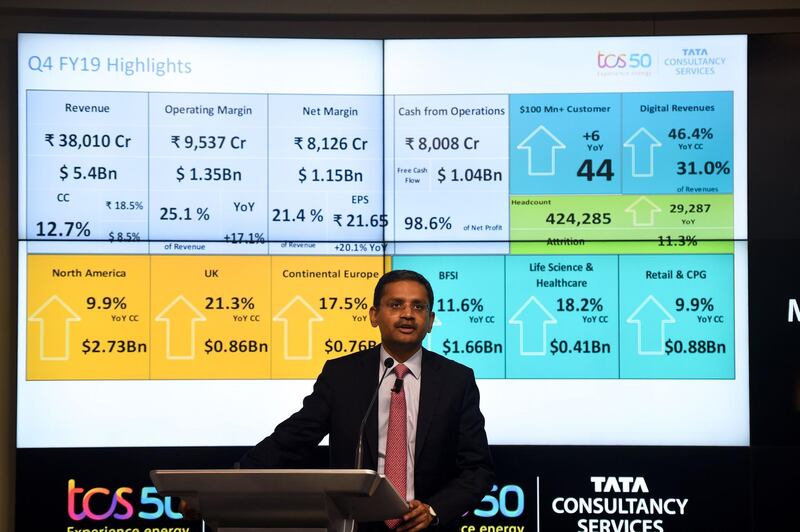 (FILES) In this file photo taken on April 12, 2019, India's Tata Consultancy Services (TCS) CEO and Managing Director Rajesh Gopinathan speaks during a press conference after the announcement of the financial results of the company in Mumbai. India's largest software exporter Tata Consultancy Services (TCS) on July 9, 2020 reported weak quarterly earnings missing street estimates, as coronavirus-led disruptions forced clients to cut spending while work-from-home impacted its project executions.  / AFP / PUNIT PARANJPE                      
