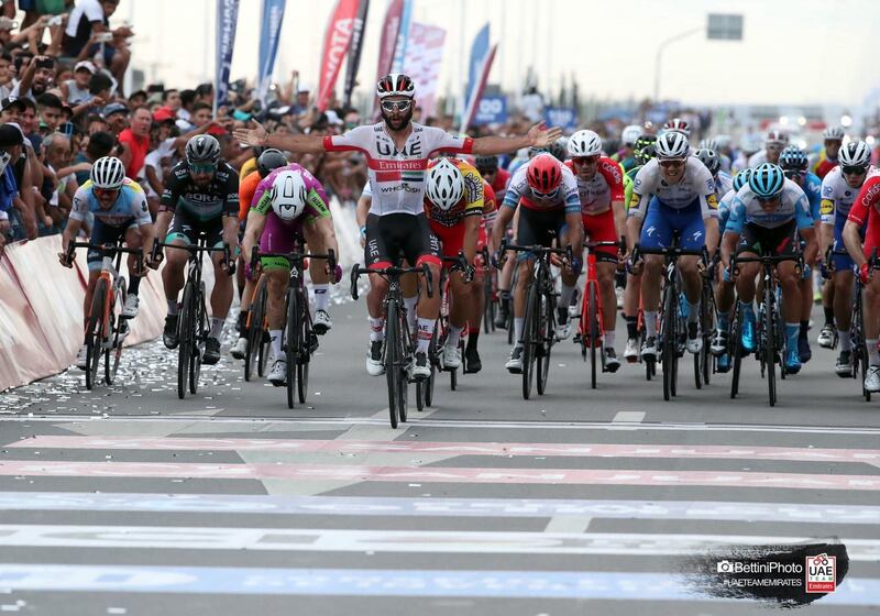 Fernando Gaviria raises his arms in celebration after winning Stage 2 of the 2020 Vuelta a San Juan. Courtesy UAE Team Emirates