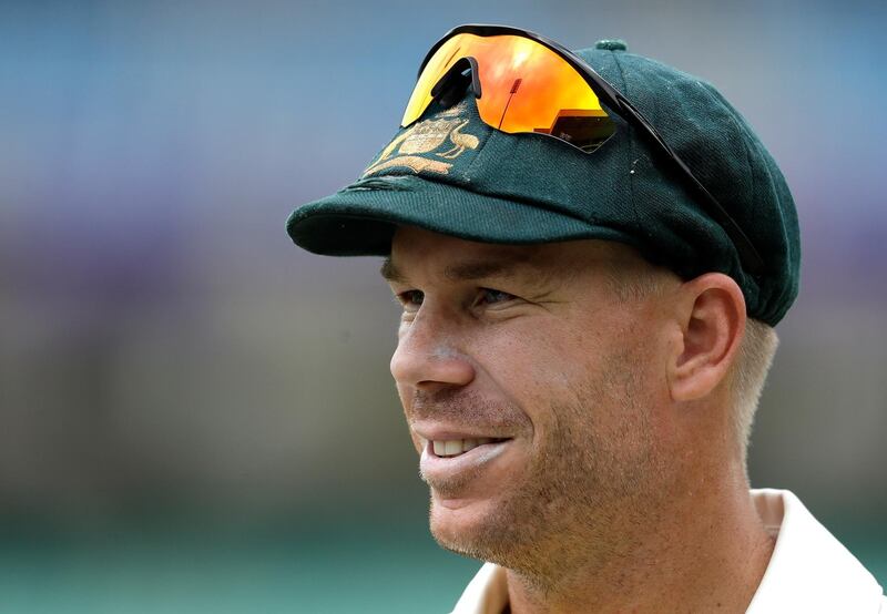 Australia's David Warner smiles at the end of on the fifth and final of the first cricket test match between South Africa and Australia at Kingsmead stadium in Durban, South Africa, Monday, March 5, 2018. Australia beat South Africa by 118 runs. (AP Photo/Themba Hadebe)