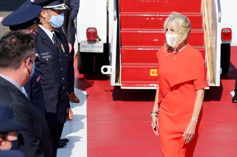U S First Lady Jill Biden arrives at Yokota US Air Force Base, outskirts of Tokyo.