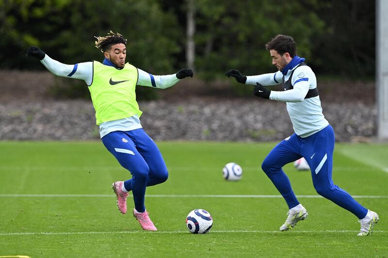 COBHAM, ENGLAND - MAY 21:  Reece James and Ben Chilwell of Chelsea during a training session at Chelsea Training Ground on May 21, 2021 in Cobham, England. (Photo by Darren Walsh/Chelsea FC via Getty Images)